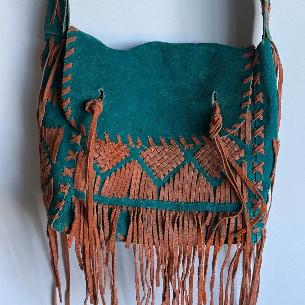 Bohemian Fringe Suede Shoulder Bag - Teal and Brown - Picture 1 of 6